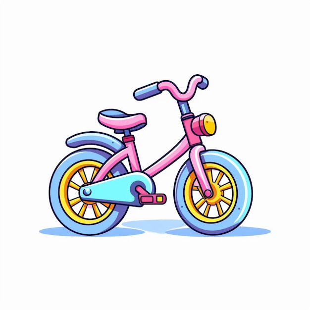 A pink bike with a blue seat and a yellow tail.