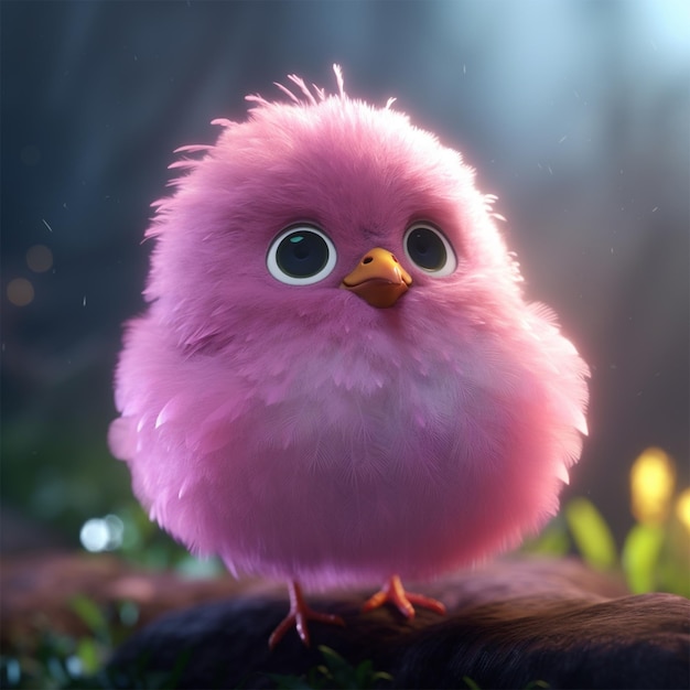 A pink bird with big eyes is sitting on a rock.