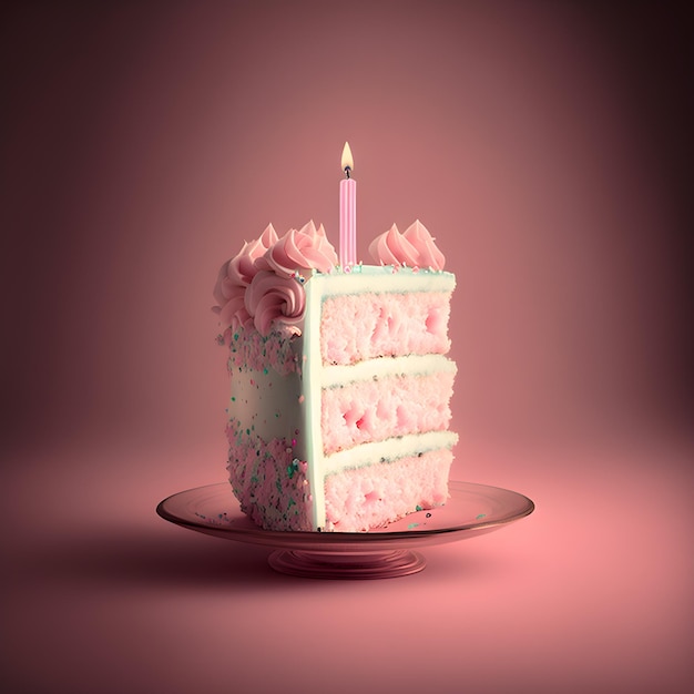 Pink Birthday Cake Slice Met Kaars Ai Gegenereerde Illustratie Fotorealistische Voedsel Achtergrond Snoepjes