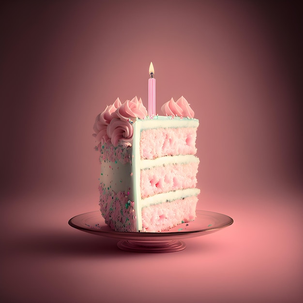 Pink birthday cake slice met kaars ai gegenereerde illustratie fotorealistische voedsel achtergrond snoepjes