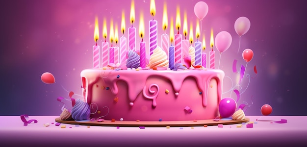 A pink birthday cake with lit candles