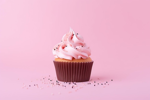 분홍색 배경으로 분홍색 생일 고립 컵케이크