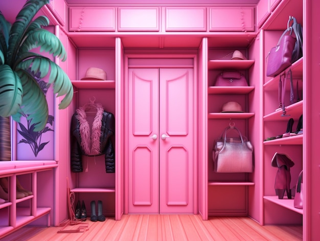 A pink and black closet with a bunch of bags on the shelves.