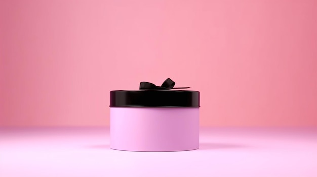 A pink and black container of a beauty product with a bow on the top.