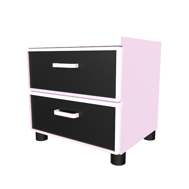 A pink and black dresser with two drawers and one drawer has the number 2 on the bottom.