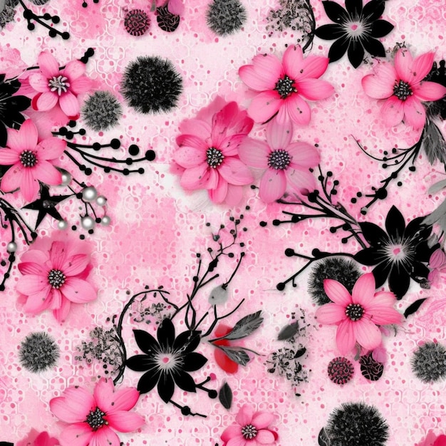 Pink and black flowers on a pink background with black dots generative ai