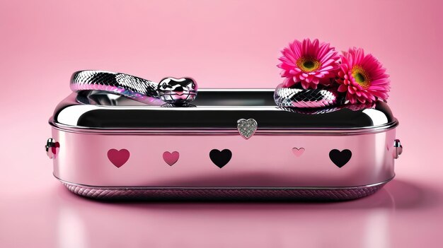 Pink and Black Lunchbox With Pink Flower