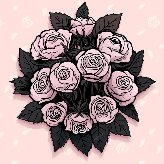 Pink and Black and pink roses in a bouquet on a clean pastel pink background highly detailed