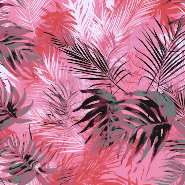 Pink and black tropical leaves on a pink background.