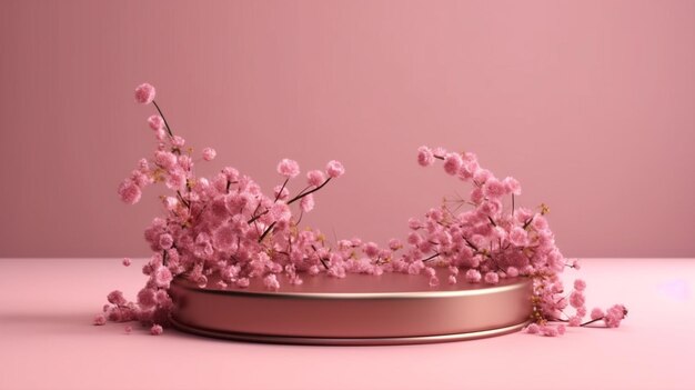 Pink blank podium with flower on pink background product presentation stage