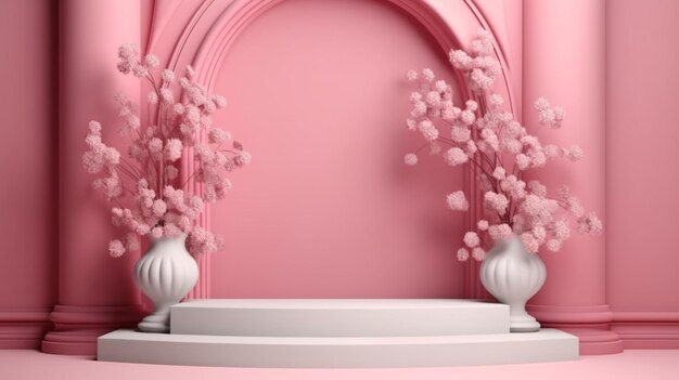 Pink blank podium with flower on pink background product presentation stage