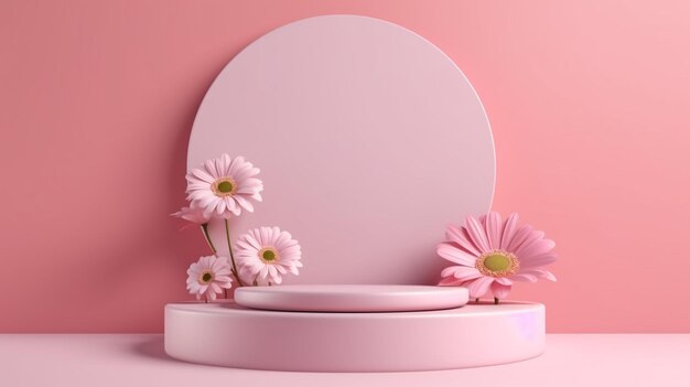 Pink blank podium with flowers on pink background product presentation stage