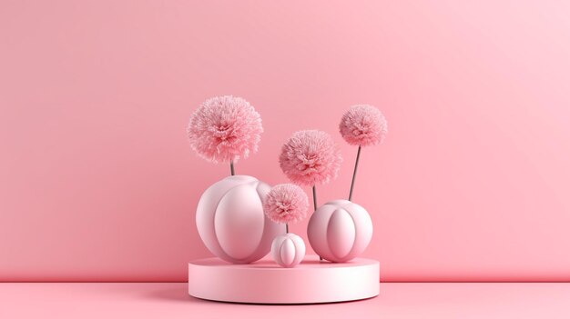 ピンクの背景に花が描かれたピンクの白いポディウム 製品プレゼンテーションのステージ