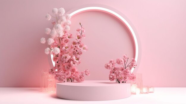 pink blank podium with flowers on pink background product presentation stage