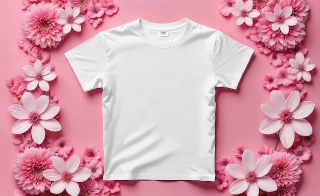 Photo pink blank tshirt realistic photo pink flower background copy space