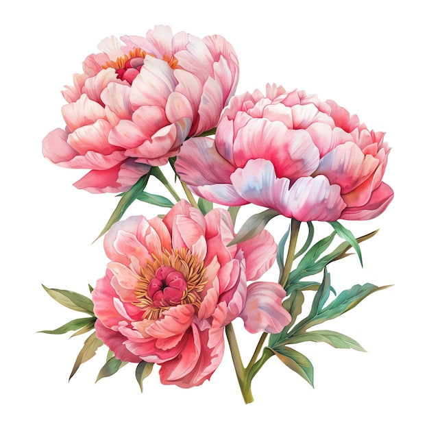 Pink blooming peony bouquet watercolor painting hand drawn isolated botanical floral design element