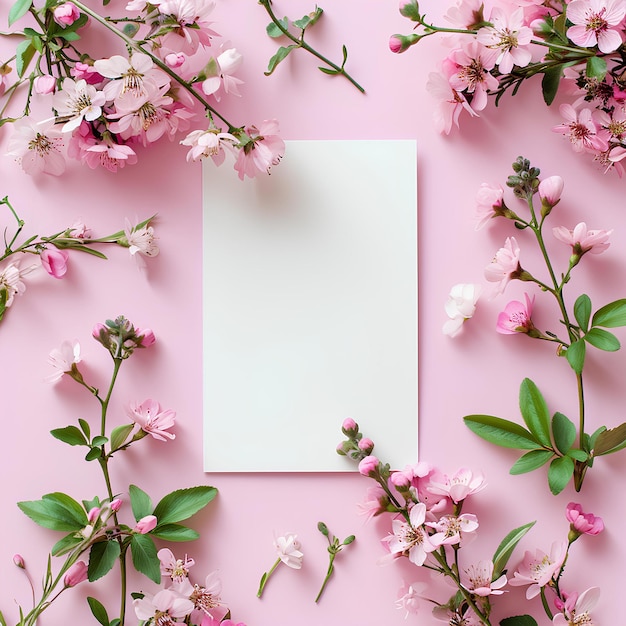 Pink blossom flowers on pink background with blank paper