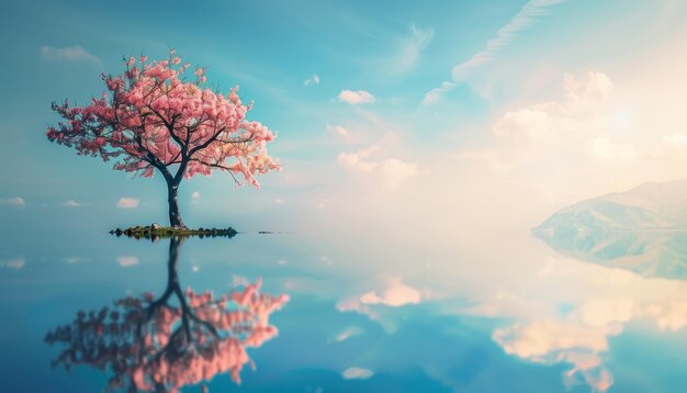 Pink blossom tree on a lake