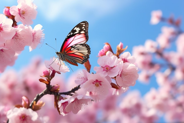 ピンクの花が咲くアーモンドと飛ぶ蝶