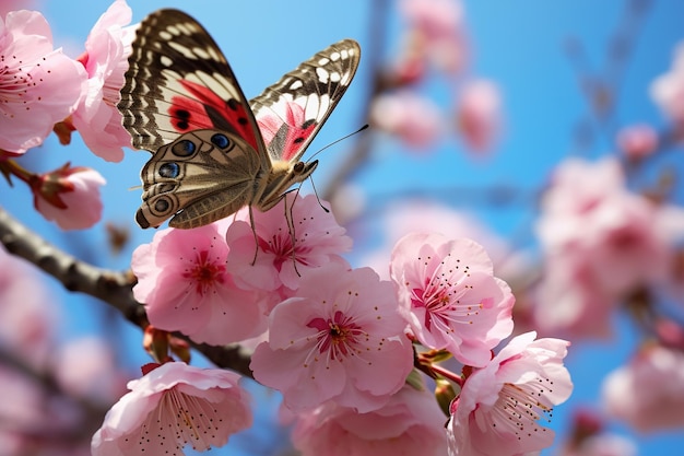 ピンクの花が咲くアーモンドと飛ぶ蝶