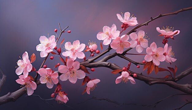 Pink blossoms on a branch with purple color background