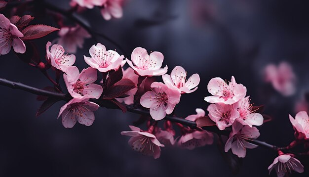 Pink blossoms on a branch with purple color background