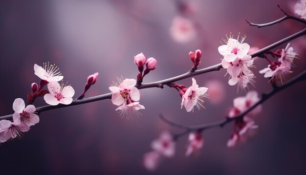 Pink blossoms on a branch with purple color background