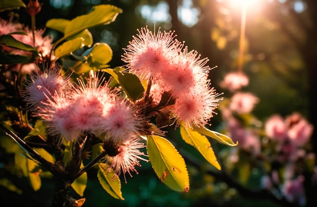 緑の葉のある木のピンクの花