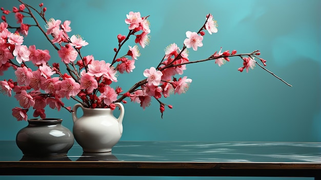 Pink Blossoms and Twigs in Glass Vase