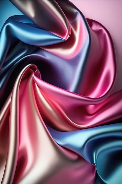 Pink and blue abstract shiny plastic silk or satin wavy background Generative AI