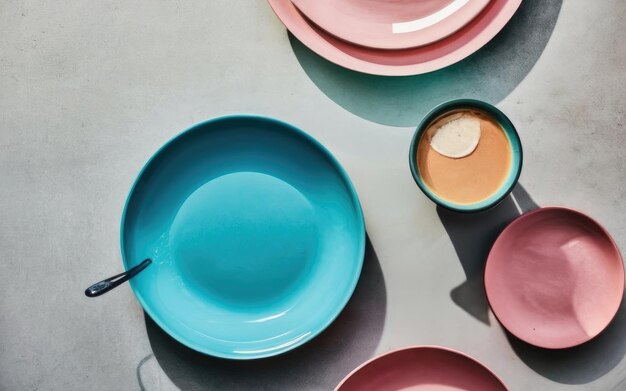 Photo pink blue and baby blue pastel coloured plates on white background top view