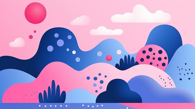 A pink and blue background with mountains and clouds
