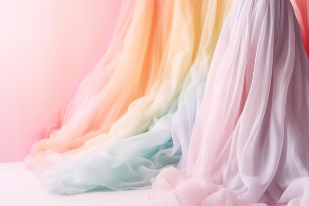 A pink and blue background with a rainbow fabric