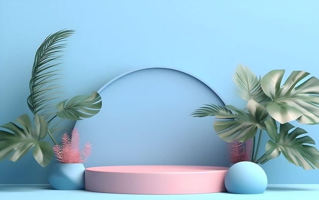 Pink and blue background with a round table and palm leaves.