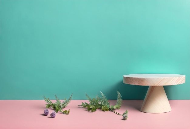 A pink and blue background with a round table and plants.