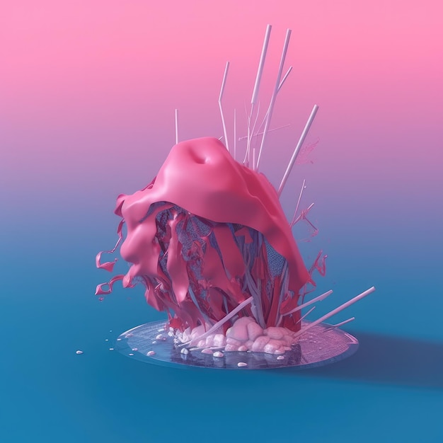 A pink and blue background with a splash of liquid and a pink background.