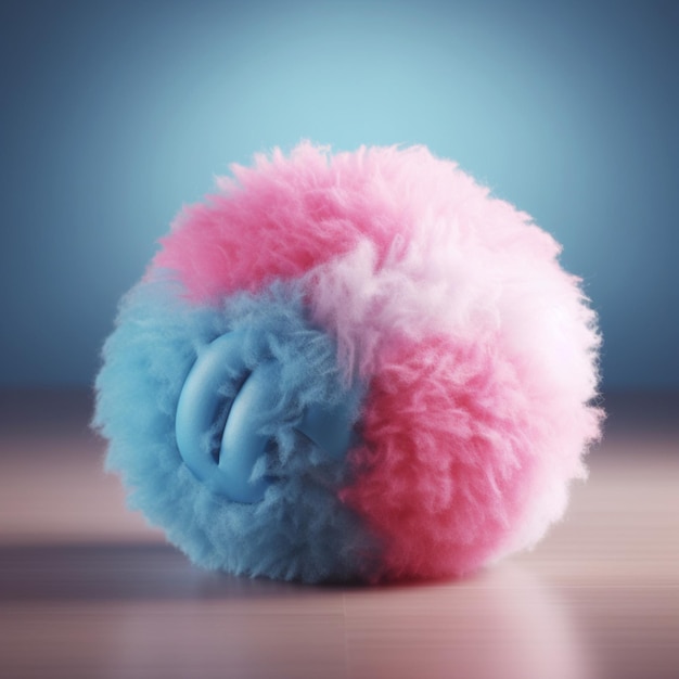 A pink and blue ball with a blue background and the word pom on it.