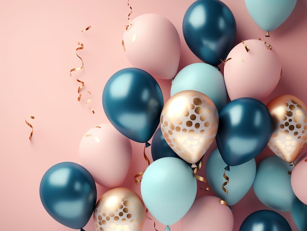 Pink and blue balloons with gold confetti and a gold ribbon.