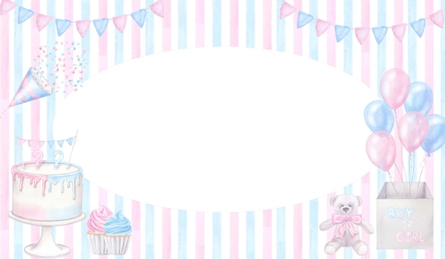 Foto banner rosa-blu gender reveal party baby shower ragazzo ragazza lui lei illustrazione ad acquerello