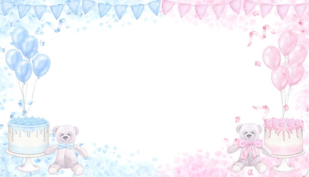 Photo pink blue banner gender reveal party boy girl watercolor illustration isolated baby shower