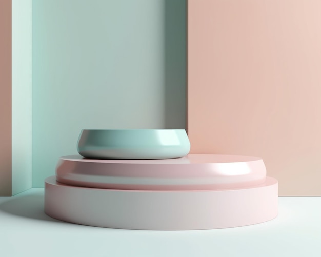 A pink and blue bowl sits on a round stand in front of a pink wall