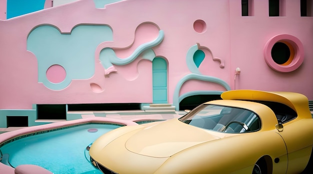 A pink and blue building with a yellow car in front of it