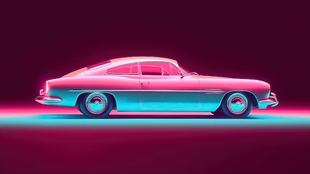 A pink and blue car with a neon glow on the top.