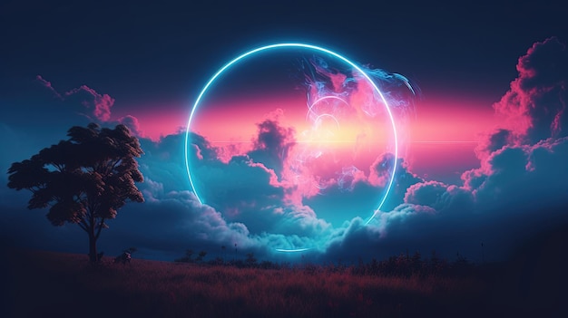 A pink and blue circle with a tree in the background