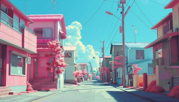 Pink and blue city street