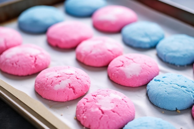 Pink and blue cookies on a baking sheet