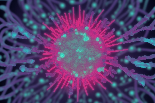 A pink and blue coronavirus with green and blue dots.