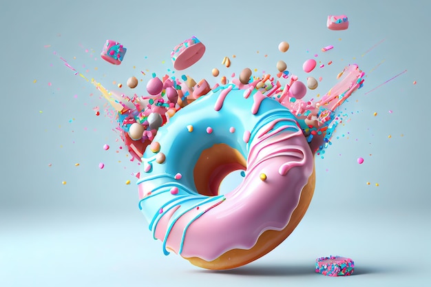 Pink and blue donuts with frosting in motion Generative Ai