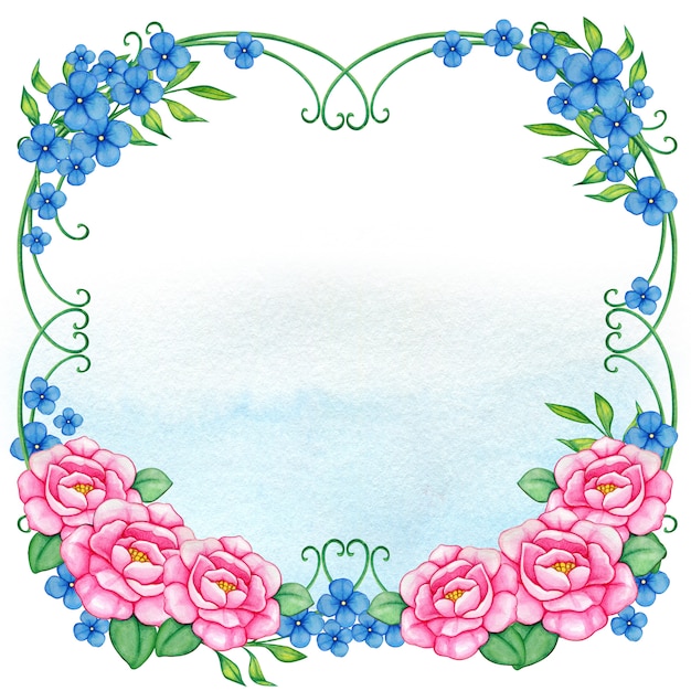 ピンクとブルーのおとぎ話の花のフレーム