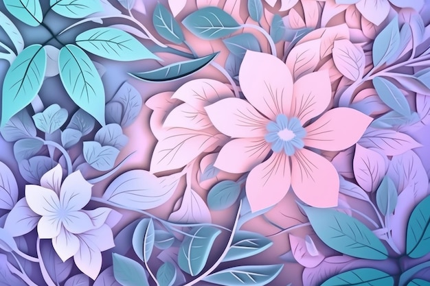 A pink and blue floral background with leaves and flowers.